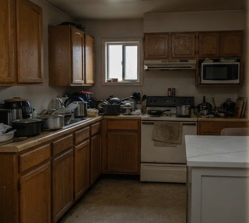 Kitchen before remodel: dated wood cabinets and cluttered counters