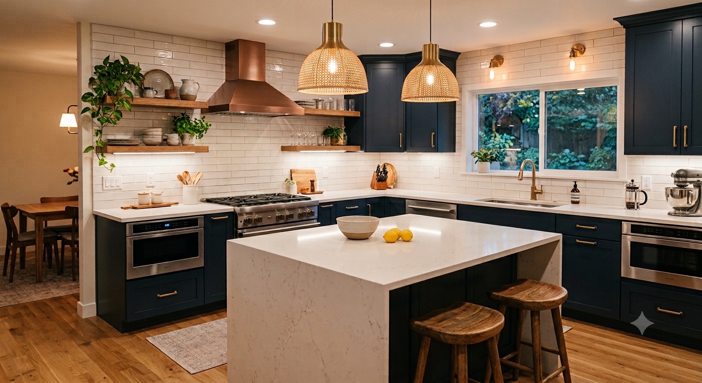 Completed kitchen remodel with navy cabinets, brass pendant lights and a quartz waterfall island